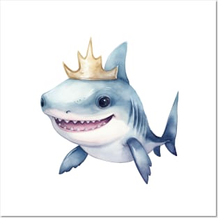 Watercolor Great White Shark Wearing a Crown Posters and Art